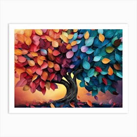 3d Abstraction Tree Surrounded By Many Colorful Leaves 2 Art Print