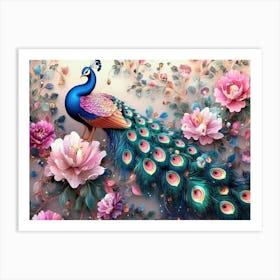 3d Flowers And Peacocks Illustration Background, 3d Abstraction Artwork Art Print