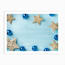 Christmas Ornaments On Blue Background Art Print