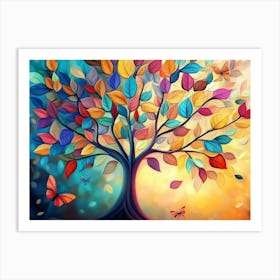 Colorful Tree with Vibrant Leaves Hanging Branches. 3d Abstraction Art Print