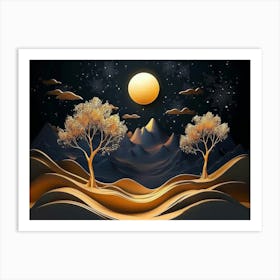 3d Modern Night Landscape with Dark Mountains, Dark Black Background with Stars 1 Art Print