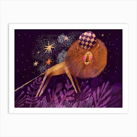 Cute lion in the night forest Art Print