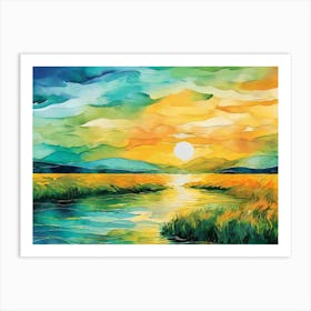 Sunset Over The River Art Print