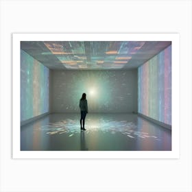 A Person Stands In A White Room, Surrounded By Screens Displaying A Burst Of Colorful, Abstract Data Visualizations 1 Art Print