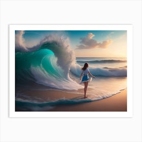 Girl Dipping Her Feet In The Waves At The Beach Art Print