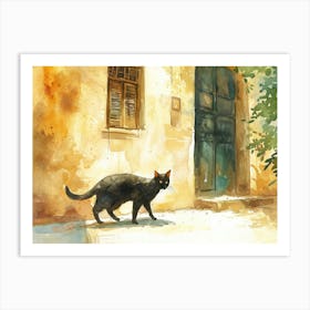 Alexandria, Egypt   Black Cat In Street Art Watercolour Painting 1 Art Print