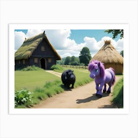 A Cartoon Illustration Of A Black Pig And A Purple Pony Walking Down A Dirt Path In A Rural Setting Art Print