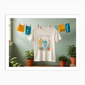 A White T Shirt With A Colorful Illustration Of A Watering Can And Plants Art Print