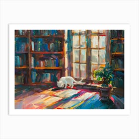 White Cat In The Library - Near The Window Art Print