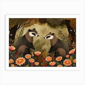 Floral Animal Illustration Badger 2 Art Print