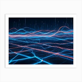 A Network Of Glowing Blue Lines On A Black Background With Orange Lines Highlighting The Landscape Art Print