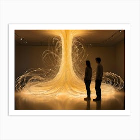 Two People Observing A Large Scale Art Installation Of Glowing Fiber Optic Cables Suspended From The Ceiling Art Print