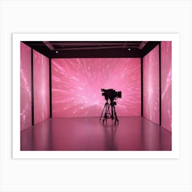 A Black And White Image Of A Camera On A Tripod In A Room With Pink, Glowing Lights Art Print