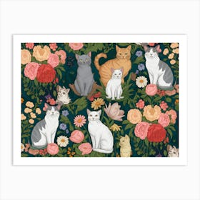 Cats And Flowers : William Morris Inspired Cats Collection Art Print