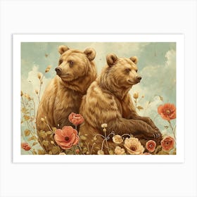 Floral Animal Illustration Grizzly Bear 3 Art Print