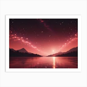 Pink Nebula Lights Up A Starry Night Sky Over A Tranquil Lake And Mountains At Sunset, Creating A Surreal And Dreamy Scene Art Print