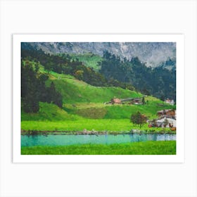 Serene Village Near Mountains And River, Oil Painting Art Print