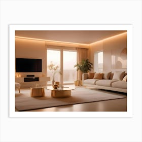 A Modern Living Room Interior With A Beige Sofa, Two Golden Side Tables, A Coffee Table, A Plant, And A Tv Art Print