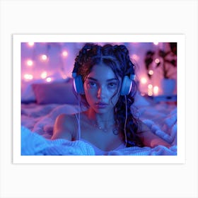 Beautiful Young Woman Listening To Music In Bed Art Print