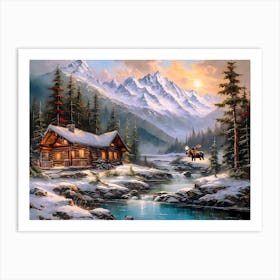 Cabin In The Mountains - Ai Art Print