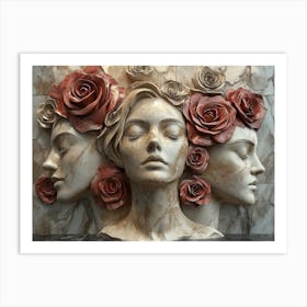 3D art with Three Women With Roses. women's faces made from clay Art Print