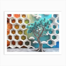 Oak And White Lattice Turquoise Colorful Tree Art Print