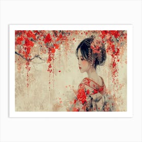 Geisha Grace: Elegance in Burgundy and Grey. Asian Girl In Red Dress Art Print