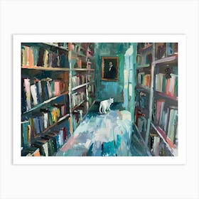 White Cat In The library - Wandering Art Print