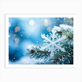 Closeup Of A Single Snowflake Crystalizing Into Magical Frost White Fir Needles Gently Dusted With (1) Art Print