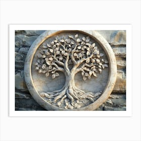 A Detailed Tree of Life 3d Carved from Marble, Stone on the Background Art Print