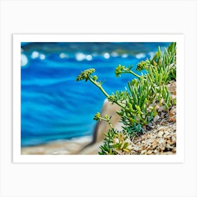 Serene Seascape Escape. The image depicts a tranquil coastal scene featuring a small, lush island surrounded by clear blue waters. Several boats are anchored nearby, and a person is seen riding a jet ski, leaving a trail of white foam behind. The sky is clear, enhancing the vibrant blue hues of the sea and sky, creating a picturesque and serene atmosphere. 1 Art Print