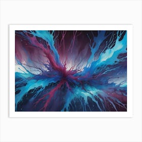 An Abstract Digital Artwork With A Central Burst Of Blue And Pink Paint Against A Dark Background Art Print