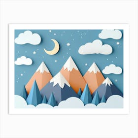 Modern Mountain Landscape with Stars, Clouds and Moon Art Print