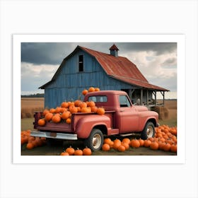 Red Vintage Pickup Truck Packed With Pumpkins By A Rustic Barn Art Print