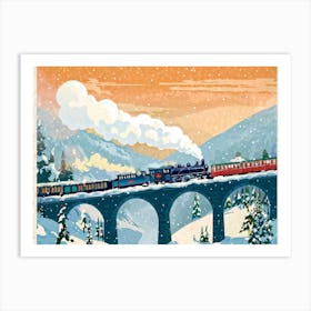 Vintage Winter Travel Poster Themed Digital Painting Featuring A Steam Train Its Chimney Releasing (1) Art Print