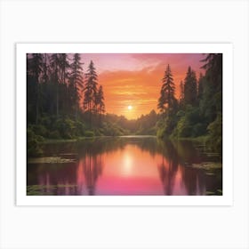 A Breathtaking Sunset Over A Serene Lake With Vibrant Paintings Art Print Art Print