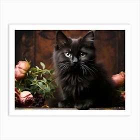 Cute Black Cat And Flowers 04 Art Print