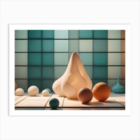 Minimalist Still Life Composition With A Stylized, Abstract Sculpture And Spheres Of Various Colors Arranged On A Tiled Floor, Illuminated By Warm, Soft Light Art Print