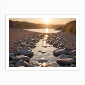 Small Stream Flowing Over Pebbles Towards The Sea At Sunset With Lens Flare Art Print