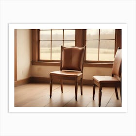 Two Brown Leather Chairs Stand Side By Side In A Room With Large Windows Overlooking A Field 1 Art Print