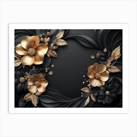 3d Golden Jewelry Flowers In Black Design Art Print