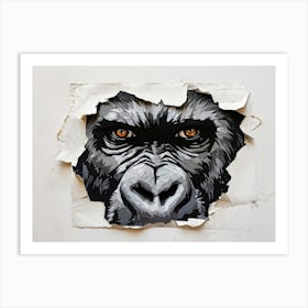 Gorilla Face Emerging From Ripped Paper Eye Intensely Staring White Background Black Ink Enhancin Art Print