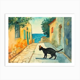 Paphos, Cyprus   Cat In Street Art Watercolour Painting 4 Art Print