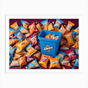 A Blue Recycling Bin Filled With An Overflowing Amount Of Colorful Chip Bags 1 Art Print