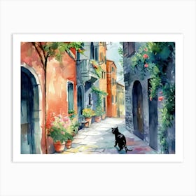 Black Cat In Pisa, Italy, Street Art Watercolour Painting 2 Art Print