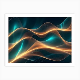 An Abstract Illustration Of Flowing, Luminous, Orange And Turquoise Lines Creating A Wave Pattern On A Dark Background Art Print