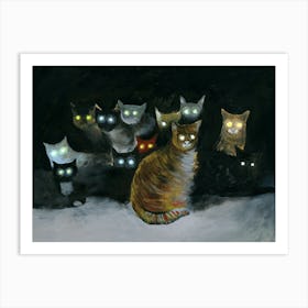 Cats In The Dark glowing eyes animals pets black painting funny bedroom living room Art Print