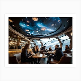 Futuristic Nordic Style Coffee Shop Suspended In The Zero Gravity Of Space Patrons Leisurely Drinki Art Print