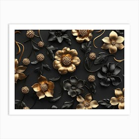 3d Golden Jewelry and Flowers in Black 1 Art Print