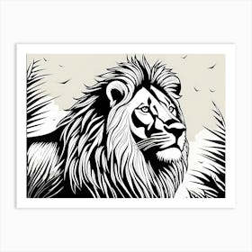 Lion Linocut Sketch Black And White art, animal art, 151 Art Print